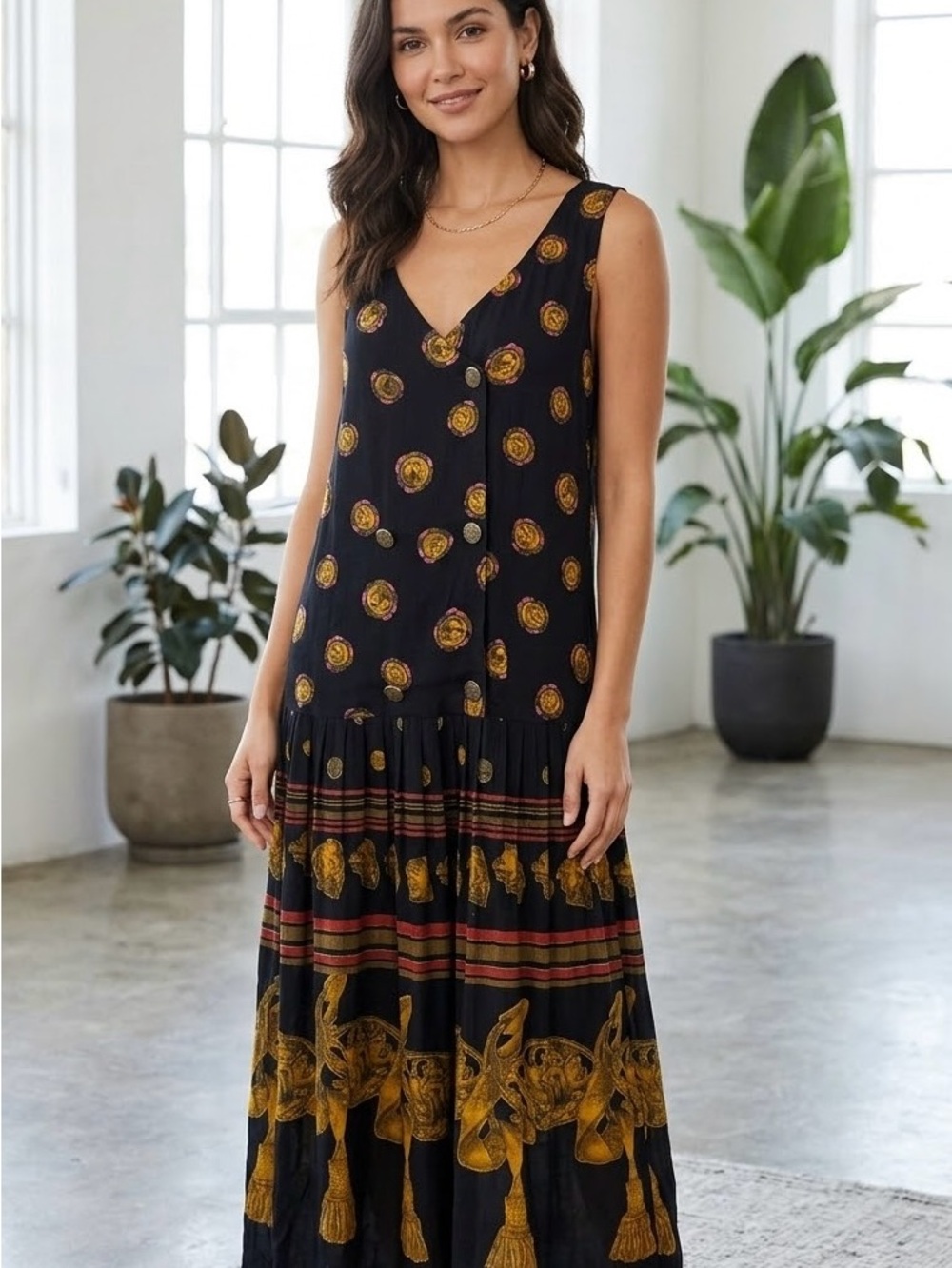 Carole Little Black Midi Dress with Gold Medallion Print